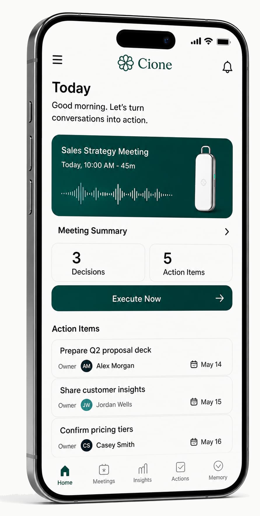 Cione App 会议页面：会议摘要、3 项决议、5 项待办与责任人列表
